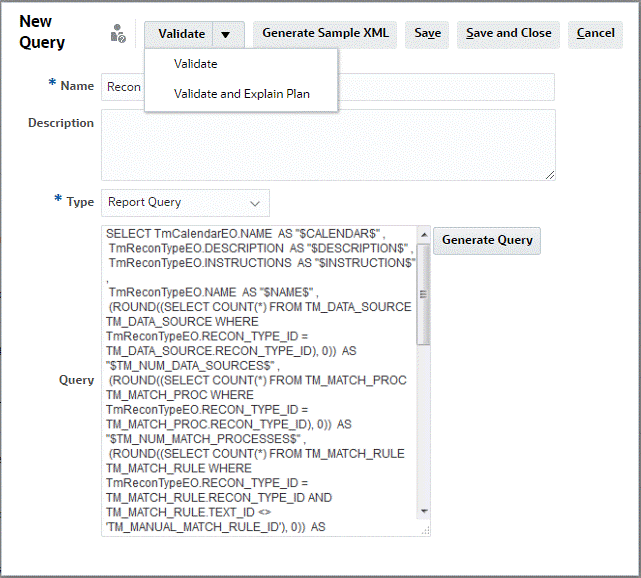 Captura de pantalla de la consulta Tipo de conciliación con consulta generada.