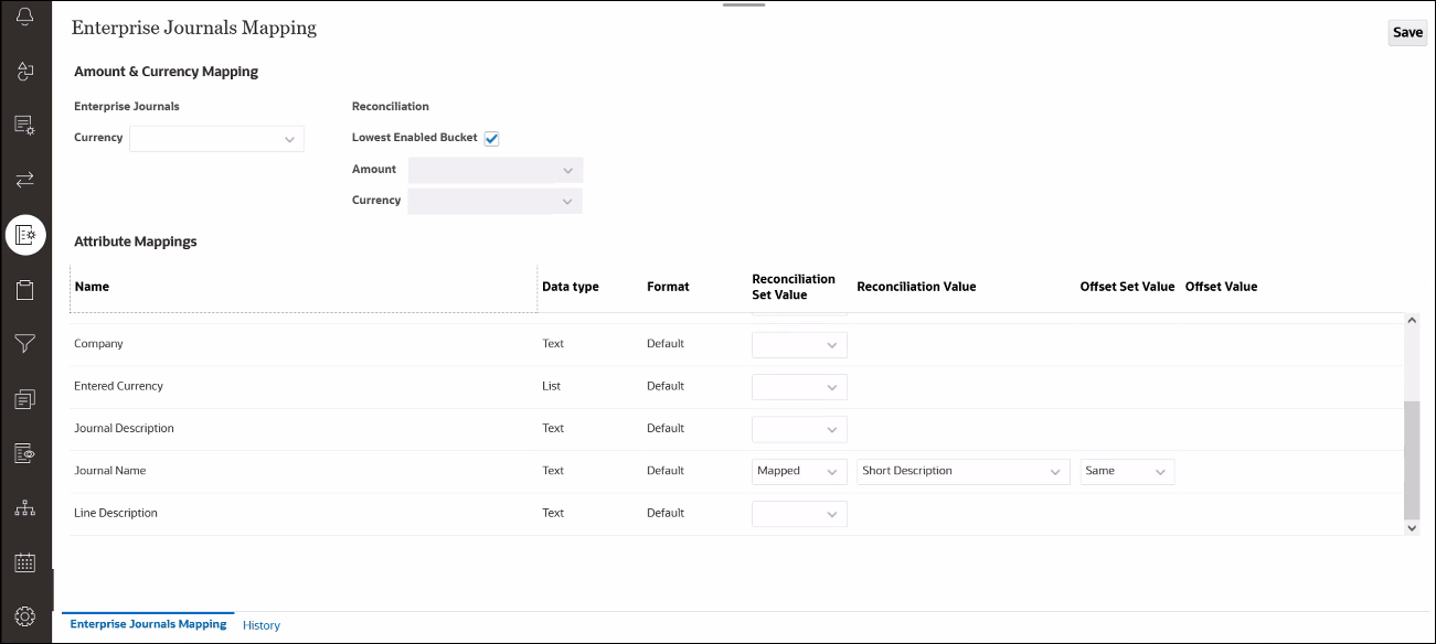 Cuadro de diálogo Configuración de asignación de Enterprise Journals