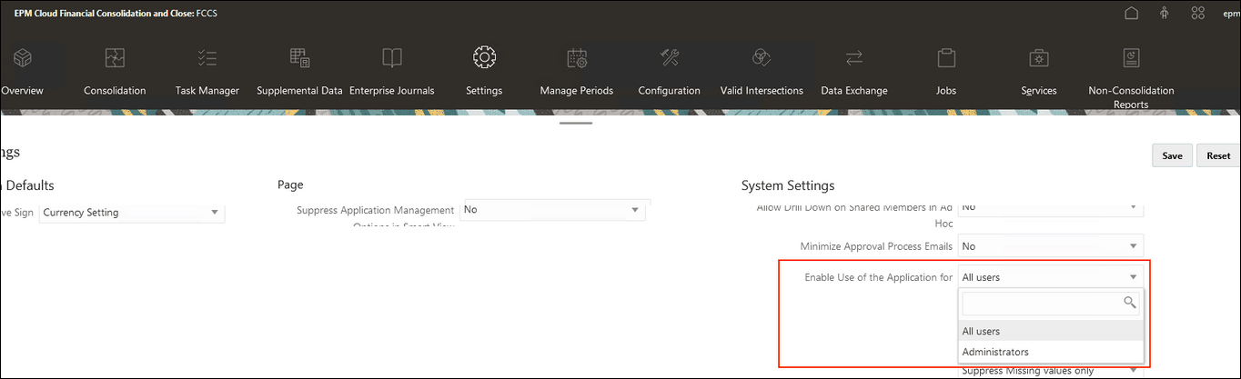 Configuración de la aplicación en FCCS