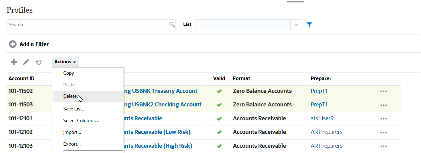 Lista de perfiles con la acción Suprimir