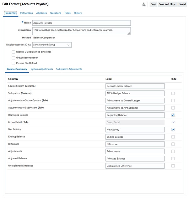 Separador Resumen de balance en configuración de formato