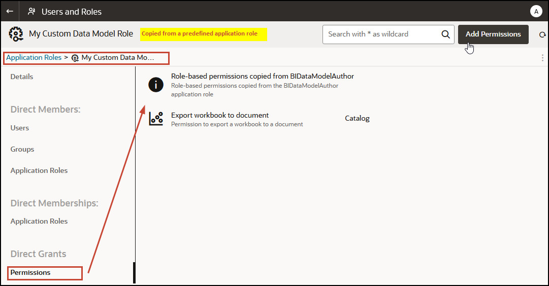 separador Permisos para una aplicación copiada de un rol de aplicación predefinido