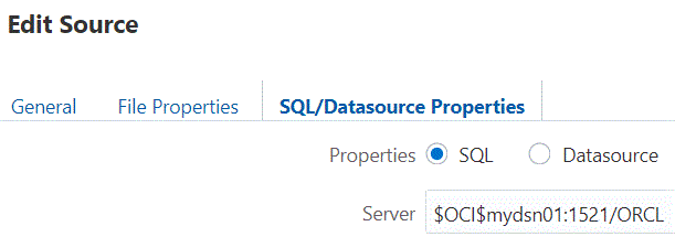 Editor de reglas que muestra la cadena de conexión de OCI sin DSN en el grupo Propiedades de origen de datos/SQL, campo Servidor.