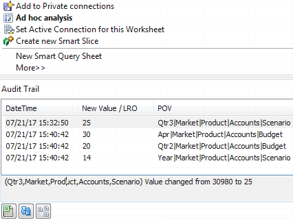 Imagen de la ventana Pista de auditoría en Smart View de Excel.