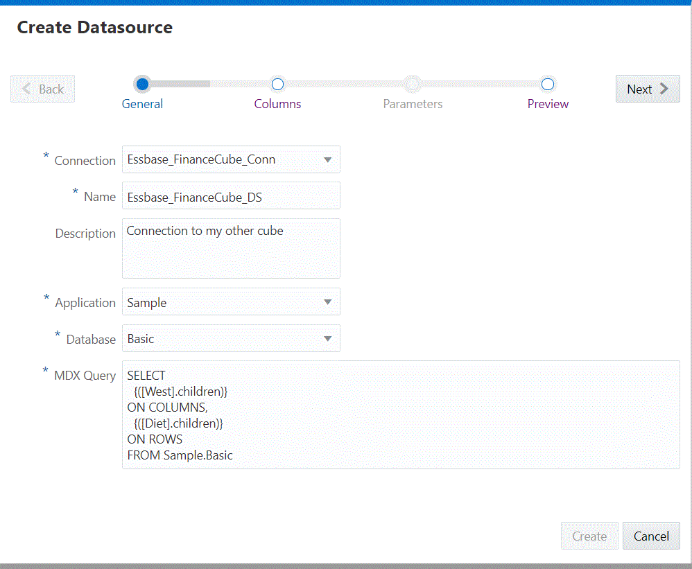 Crear un cuadro de diálogo Origen de datos para el origen de datos de Essbase