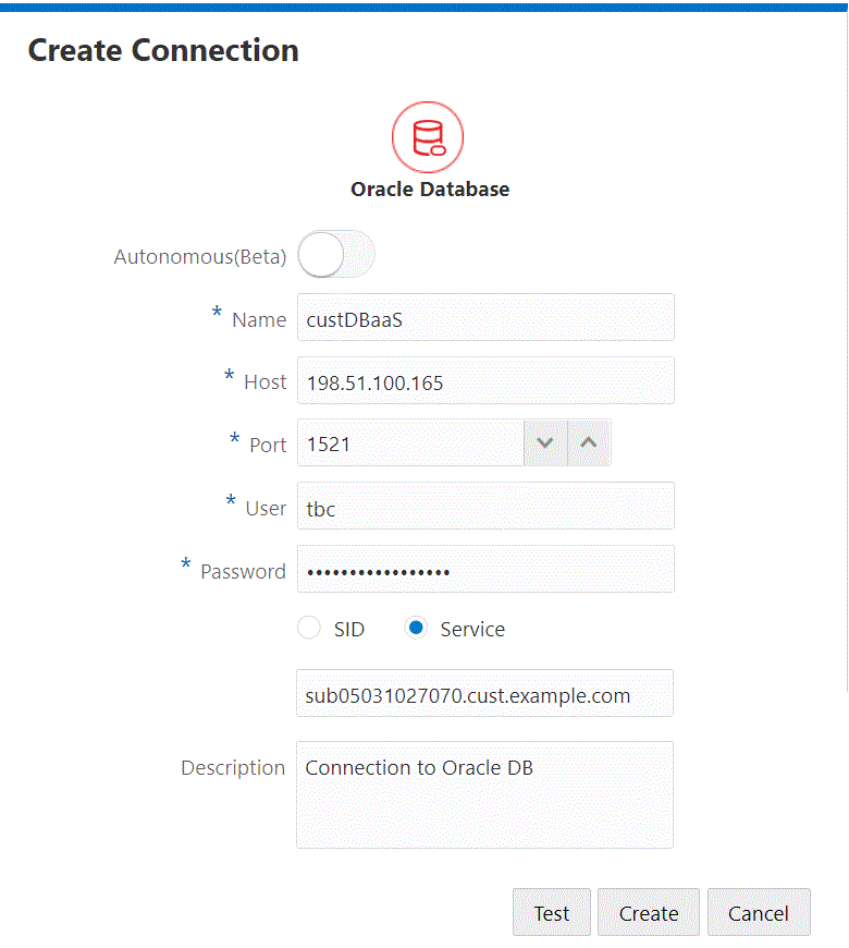 Cuadro de diálogo Crear conexión para la conexión a Oracle Database