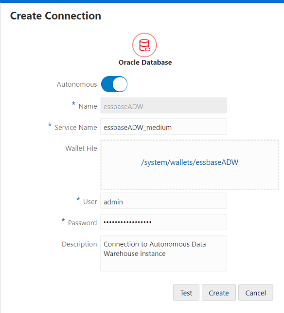 Imagen del cuadro de diálogo Crear conexión, que muestra la forma de crear una conexión de Essbase a Oracle Autonomous Data Warehouse.