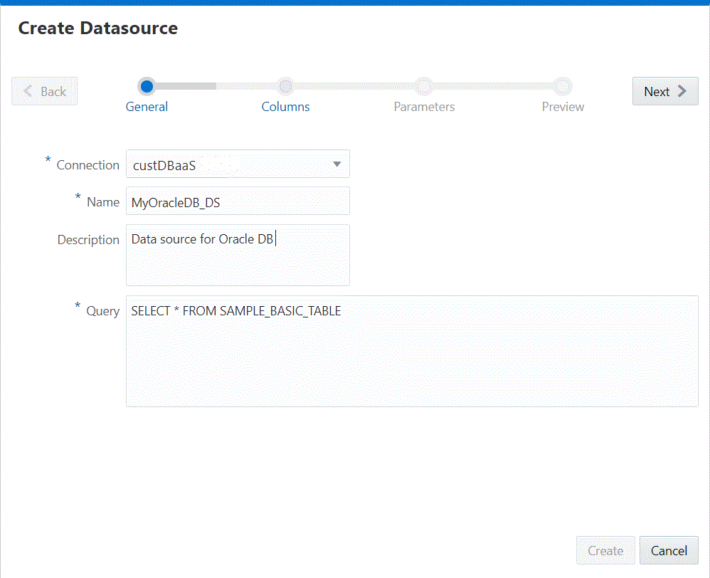 Cuadro de diálogo Crear origen de datos para la conexión a Oracle Database