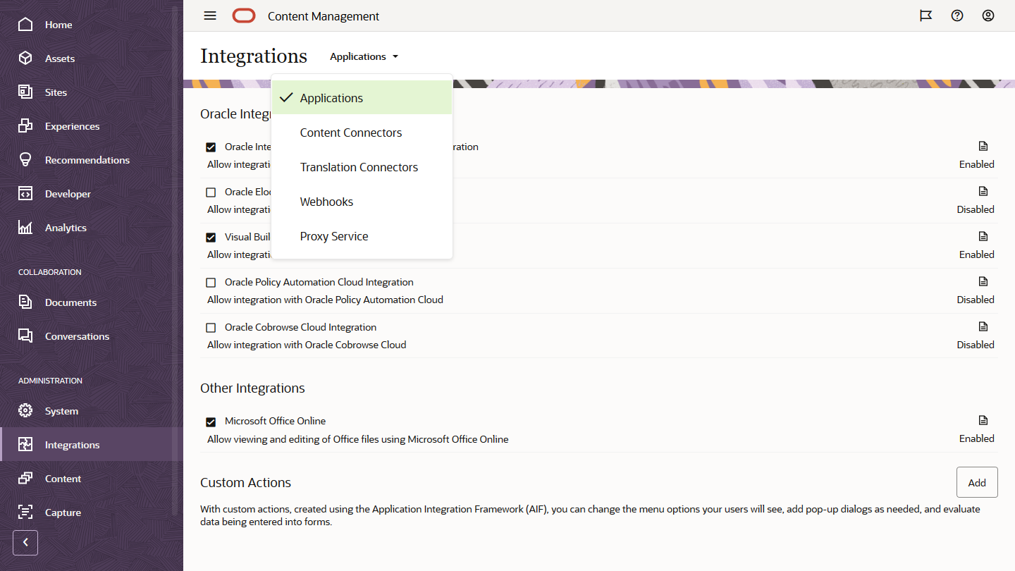 Interfaz de integraciones de administración descrita en el texto