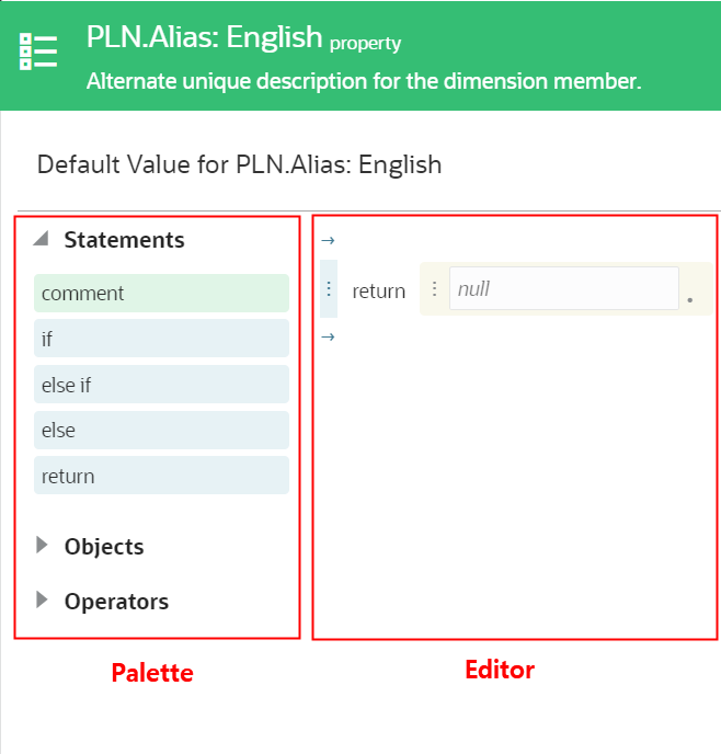 creador de expresiones con la paleta a la izquierda y el editor a la derecha