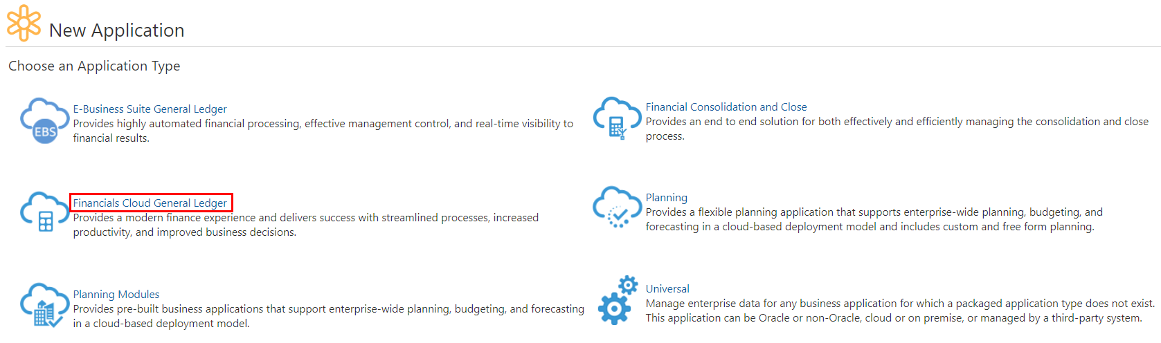 en la imagen se muestran los tipos de aplicación con Financials Cloud General Ledger resaltado