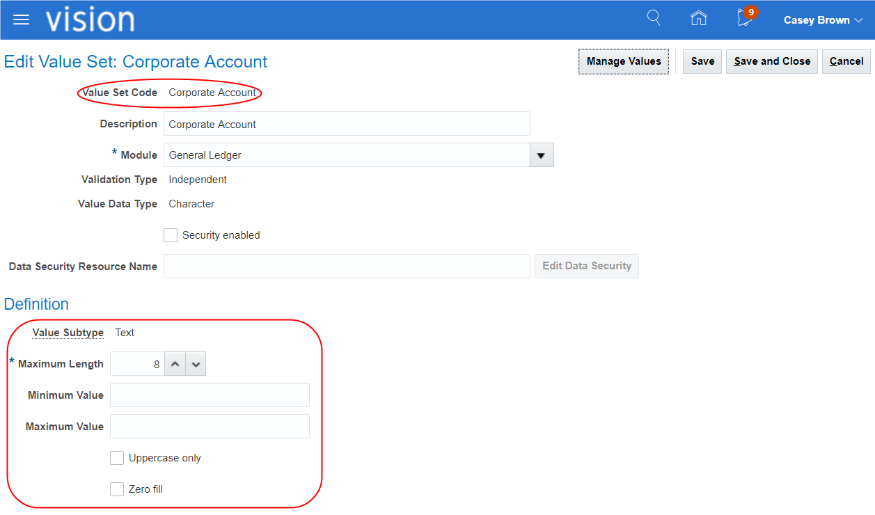 en la imagen se muestra la pantalla Editar conjunto de valores de Oracle Financials Cloud