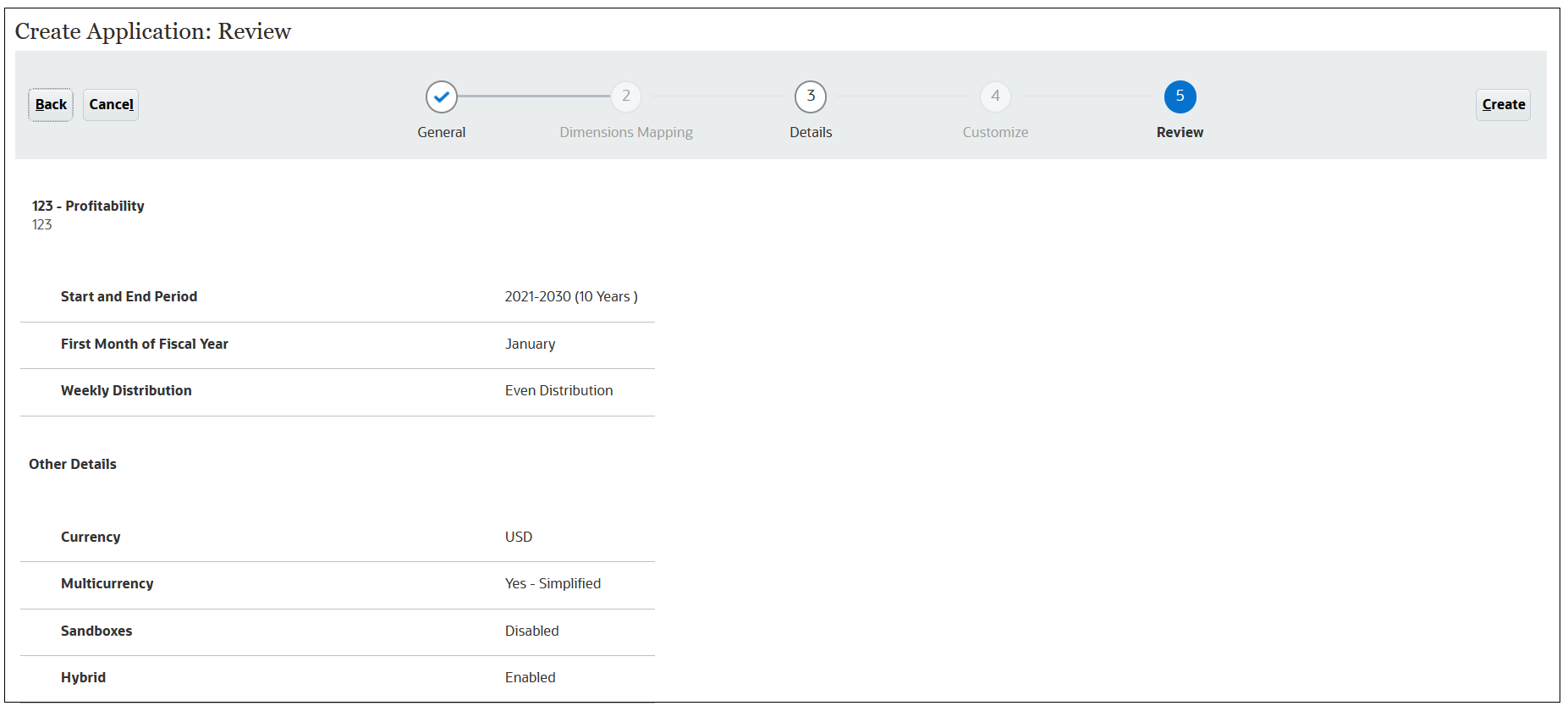 Pantalla Crear aplicación: revisión Pantalla Crear aplicación: revisión