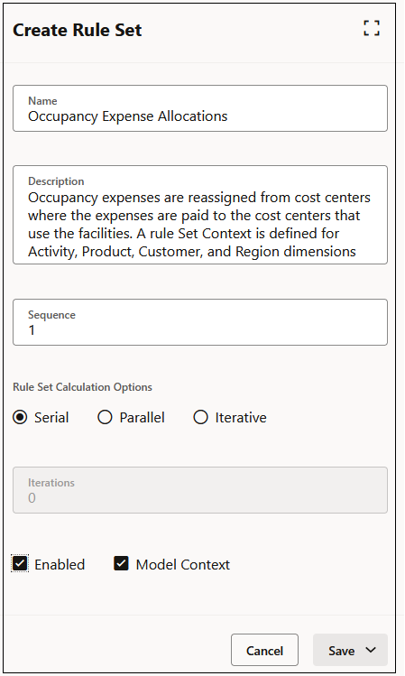 Panel Crear conjunto de reglas con las opciones del conjunto de reglas Occupancy Expense Allocations