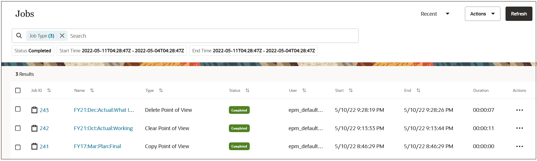 Consola de Trabajos con tres trabajos Punto de vista visibles Consola de Trabajos con tres trabajos Punto de vista visibles