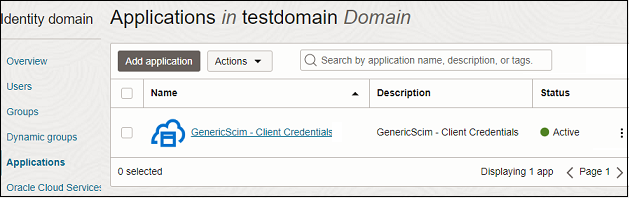 Pantalla para seleccionar la aplicación SCIM genérica -Credenciales de cliente