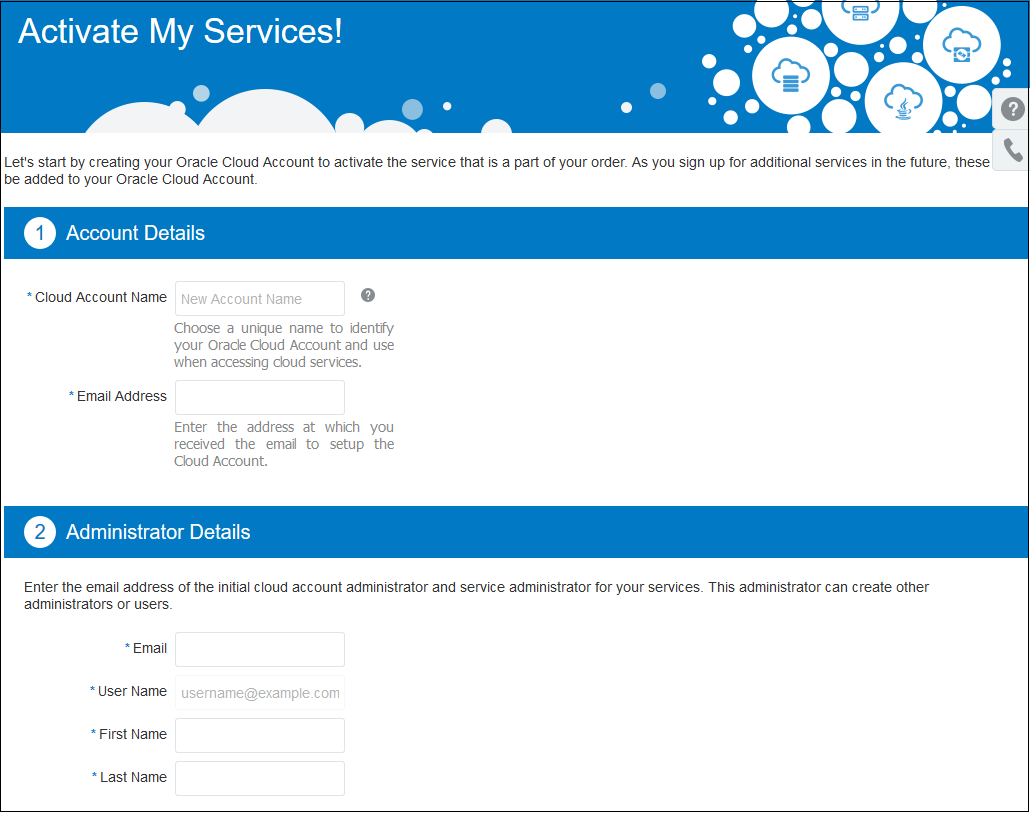 Ilustración del sitio web de activación de la cuenta de Oracle Cloud