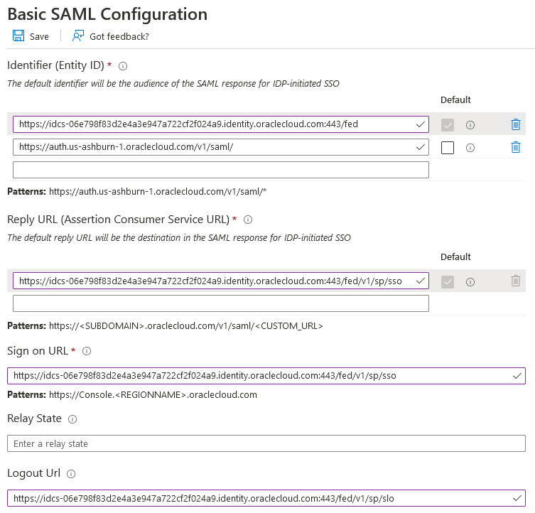 Valores de SAML Basic Configuration para la aplicación empresarial Consola de Oracle Cloud Infrastructure