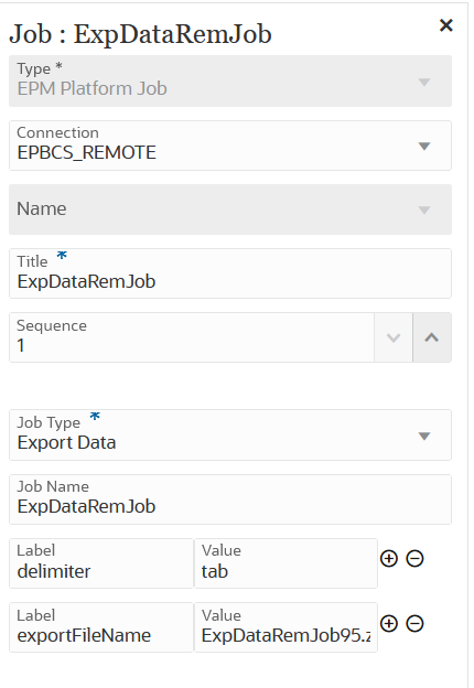 En la imagen se muestran los parámetros del trabajo Exportar datos para un Trabajo de plataforma EPM.