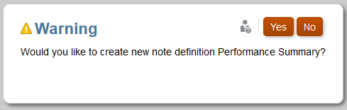 cuadro de diálogo de advertencia para confirmar la creación de una nueva definición de nota