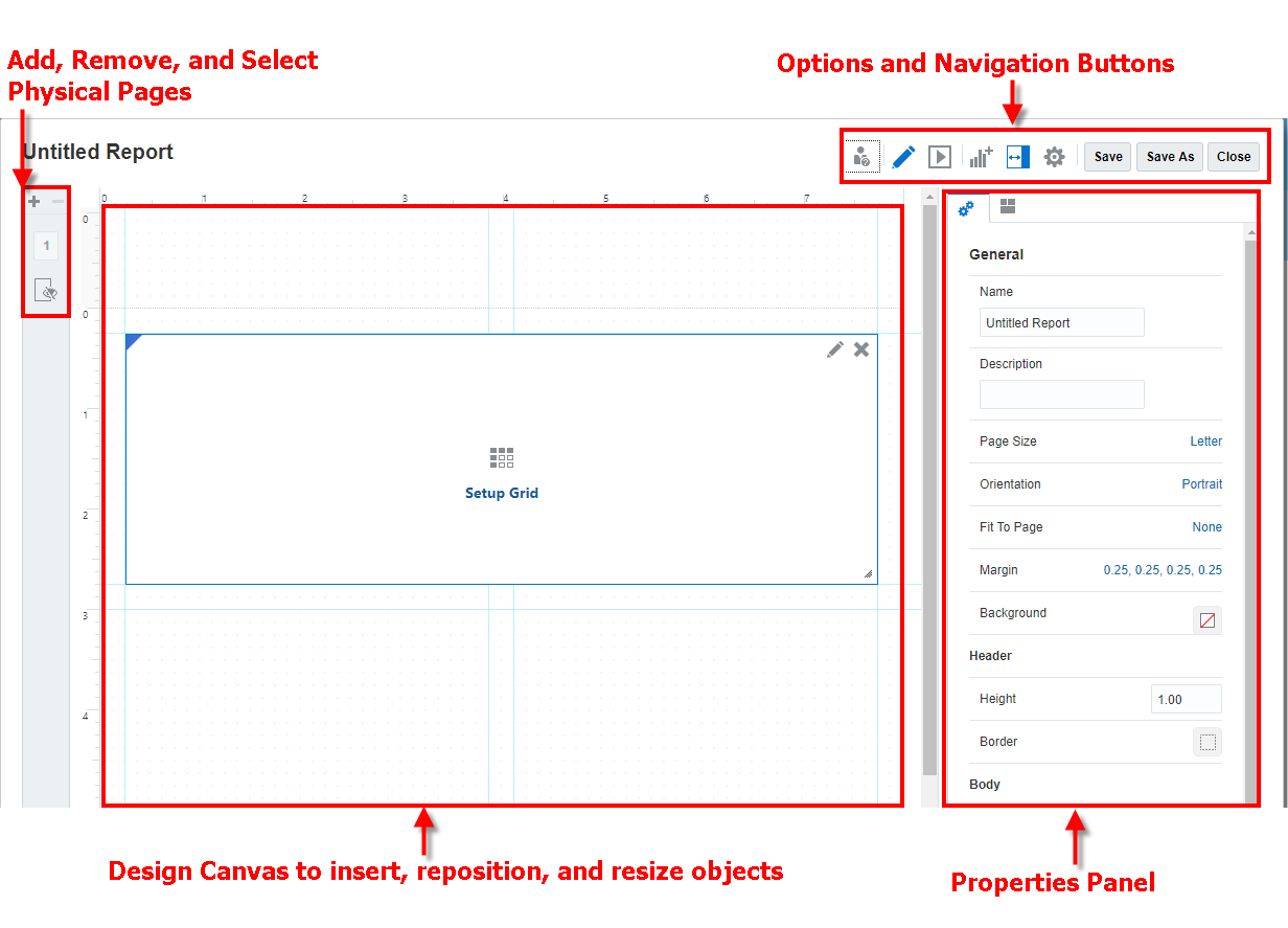 Captura de pantalla de la IU del diseñador de informes, con áreas que se describen en la siguiente lista