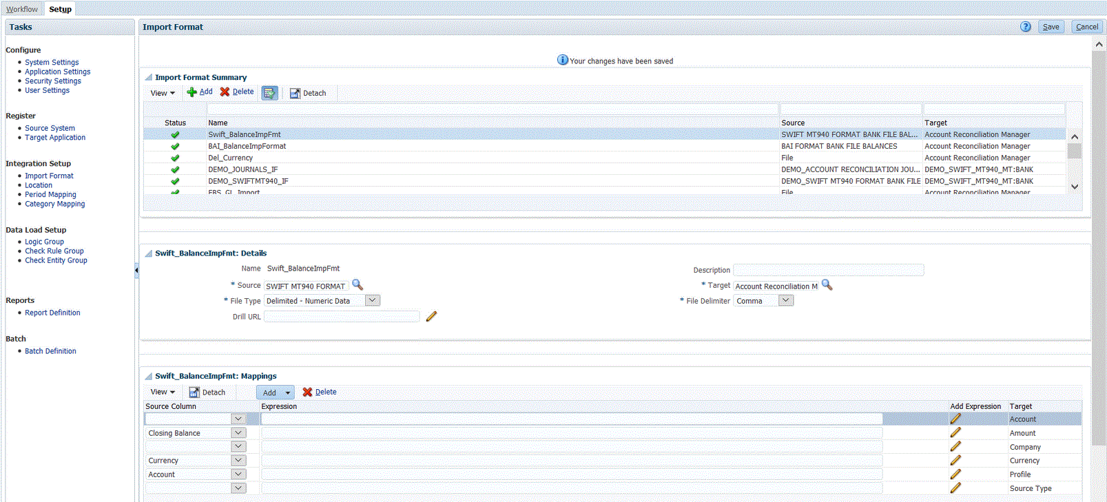 En la imagen se muestra el formato de importación para Balances de archivo bancario con formato SWIFT MT940