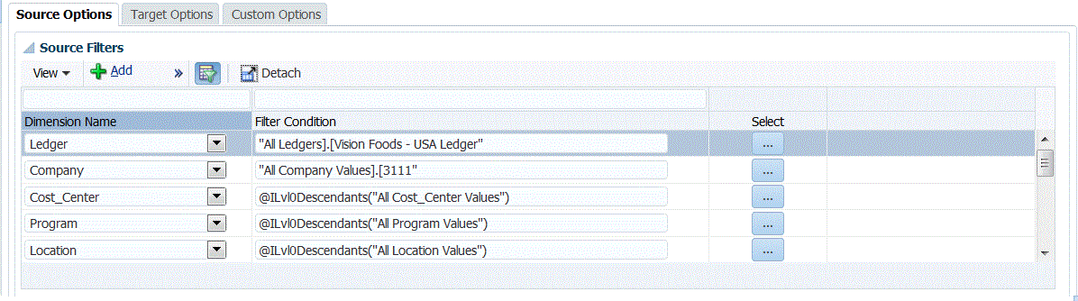 Separador Opciones de origen de la pantalla Regla de carga de datos.