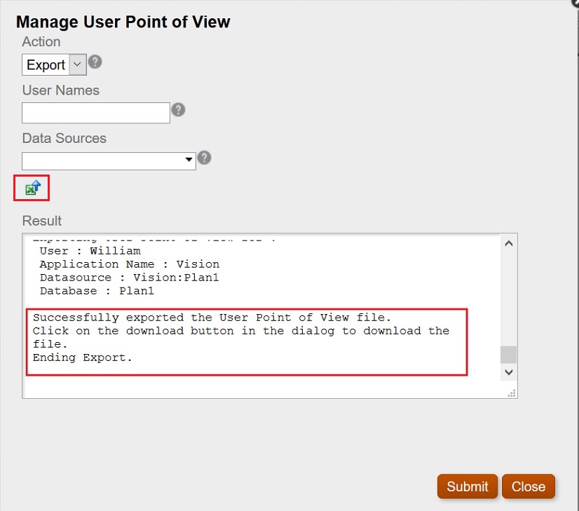 Cuadro de diálogo Gestionar punto de vista del usuario que muestra que la exportación se ha realizado correctamente