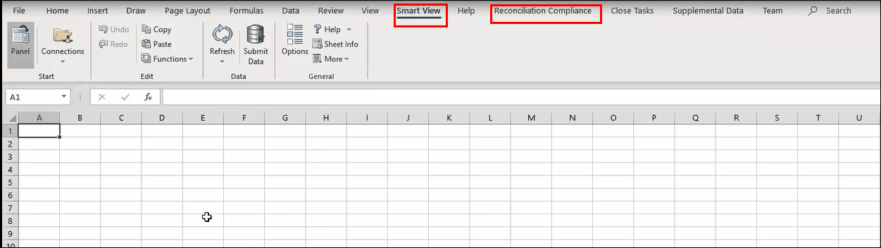 En Excel, el separador de la cinta de opciones de Smart View se marca con un círculo. La cinta de opciones de Smart View está seleccionada y se muestran sus opciones. Además, a la derecha del separador de la cinta de opciones de Smart View, el separador de la cinta de opciones de Conformidad de conciliación se marca con un círculo.