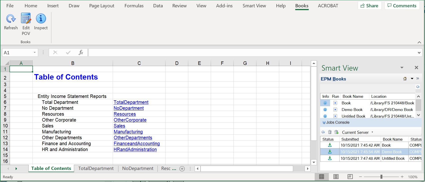 Cinta de opciones Libros y página de tabla de contenido y separadores de hojas de trabajo de ejemplo en el libro descargado en Excel