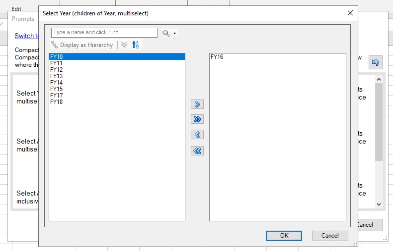 Cuadro de diálogo Selección de miembros con la lista de opciones predefinida mostrada en formato de lista plana Cuadro de diálogo Selección de miembros con la lista de opciones predefinida mostrada en formato de lista plana