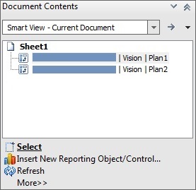 Hay dos elementos en el árbol en el panel Contenido del documento, el cubo Vision Plan1 y el cubo Vision Plan2. El primer elemento del árbol, el cubo Vision Plan1, está resaltado.