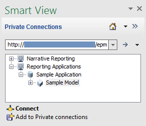 Al conectarse inicialmente a Narrative Reporting, el panel de Smart View en Excel muestra los nodos predeterminados, Narrative Reporting y Aplicaciones de informes; el nodo Aplicaciones de ejemplo bajo Aplicaciones de informes y, a continuación, el modelo de ejemplo