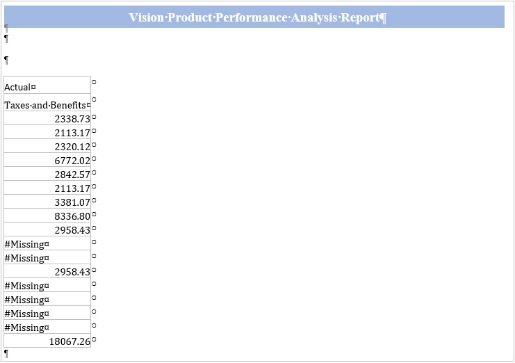 Ejemplo de una tabla de Excel de un archivo de referencia incrustado en un doclet de Word