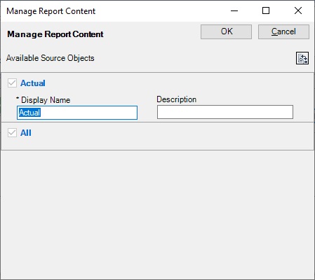 Cuadro de diálogo Gestionar contenido de informe para los archivos de referencia, con campos editables para Nombre mostrado y Descripción.