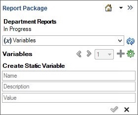 El panel Paquete de informes, donde un área llamada Crear variable estática se muestra con campos con los valores Nombre, Descripción y Valor.