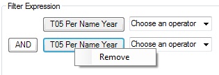 Opción Eliminar que aparece al hacer clic con el botón derecho en una columna de la expresión de filtro