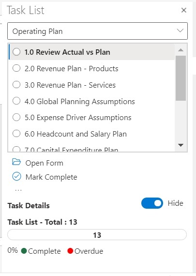 Panel Lista de tareas en el que se muestra una lista de tareas y el área Detalles de tarea, que está oculta en la captura de pantalla.