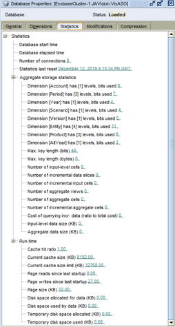 Separador Estadísticas de ejemplo de la pantalla Propiedades de la base de datos de cubos ASO