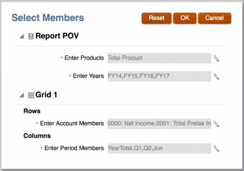 Cuadro de diálogo Seleccionar miembros con peticiones de datos para el TPV de informes y las filas y columnas para la cuadrícula 1