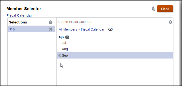 Selector de miembros en el que se muestra la selección de septiembre en la dimensión de calendario fiscal