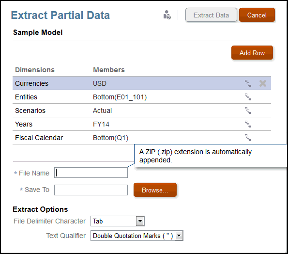 Cuadro de diálogo Extraer datos parciales rellenado con las selecciones de dimensiones y miembros.