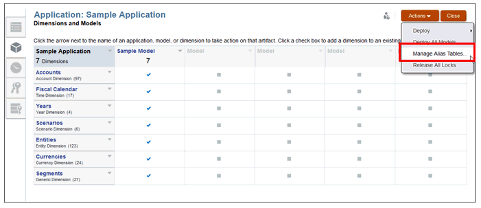 En el separador Dimensiones y modelos, seleccione Gestionar tablas de alias.