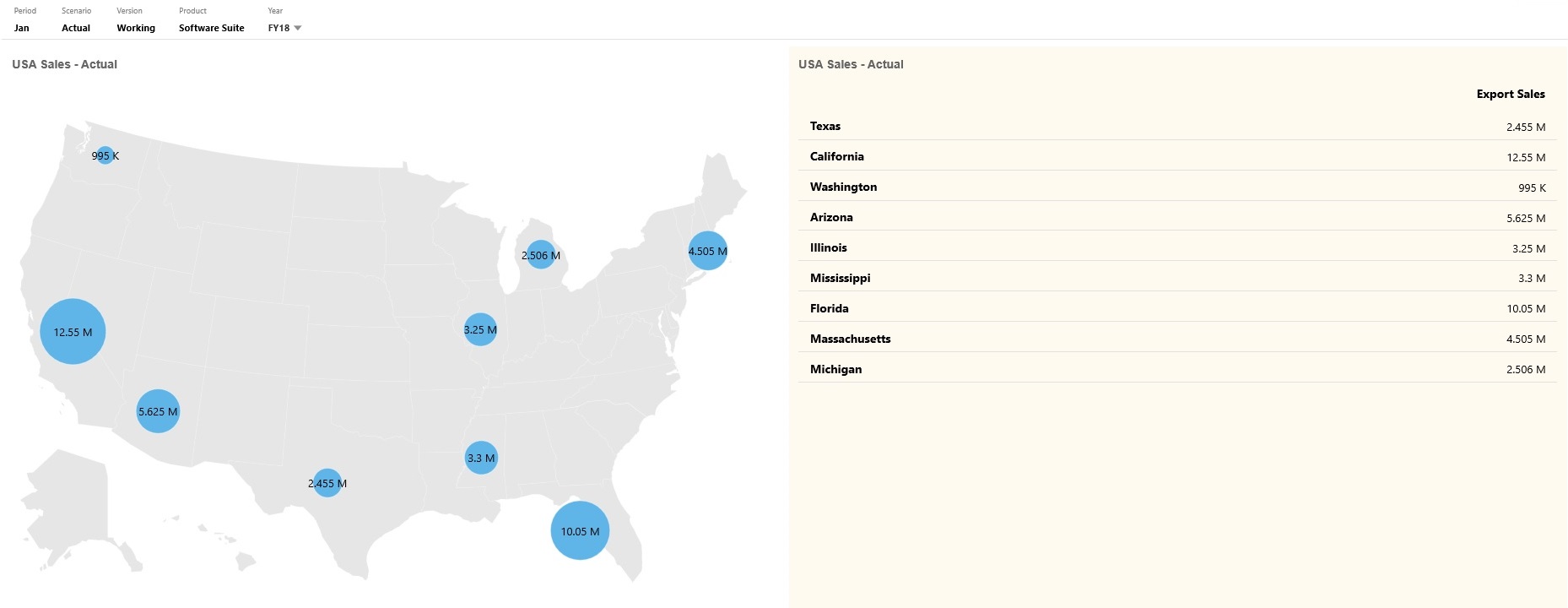 Mapa geográfico de EE. UU de ejemplo del Panel 2.0 con burbujas de datos Mapa geográfico de EE. UU de ejemplo del Panel 2.0 con burbujas de datos