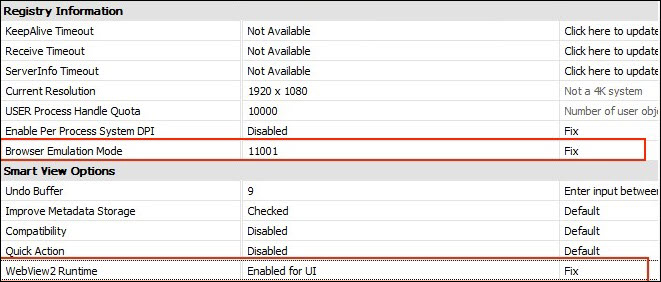 Configuración de emulación de explorador y WebView2 Runtime para la actualización 25.01 y la actualización Smart View 24.100