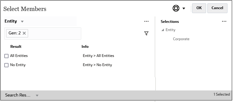 Cuadro de diálogo Seleccionar miembros con los miembros de generación 2 de Entity