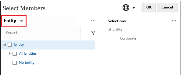 Cuadro de diálogo Seleccionar miembros con Entity mostrada como dimensión