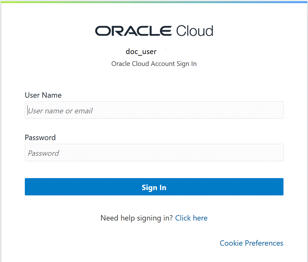 En la imagen se muestra la página de inicio de sesión de la cuenta de Oracle Cloud