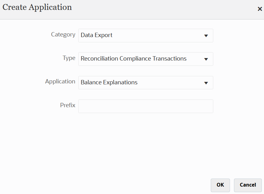 En la imagen se muestra la página Crear aplicación para una aplicación Transacciones de Reconciliation Compliance.