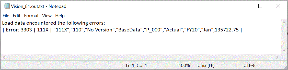 La imagen muestra un mensaje de error identificado como una carga a Essbase.